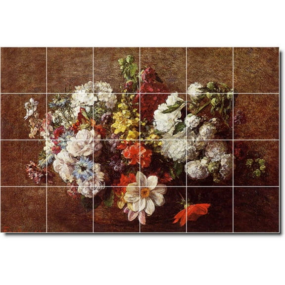 Ceramic Tile Mural-Henri Fantin-Latour Flowers Kitchen Tile Mural 21. 25.5" w x 17" h using (24) 4.25 x 4.25 ceramic tiles