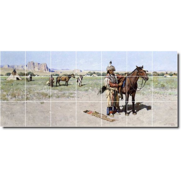 Ceramic Tile Mural-Henry Farny Indians Kitchen Tile Mural 6. 42" w x 18" h using (21) 6 x 6 ceramic tiles