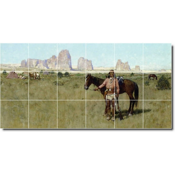 Ceramic Tile Mural-Henry Farny Indians Shower Tile Mural 8. 25.5" w x 12.75" h using (18) 4.25 x 4.25 ceramic tiles