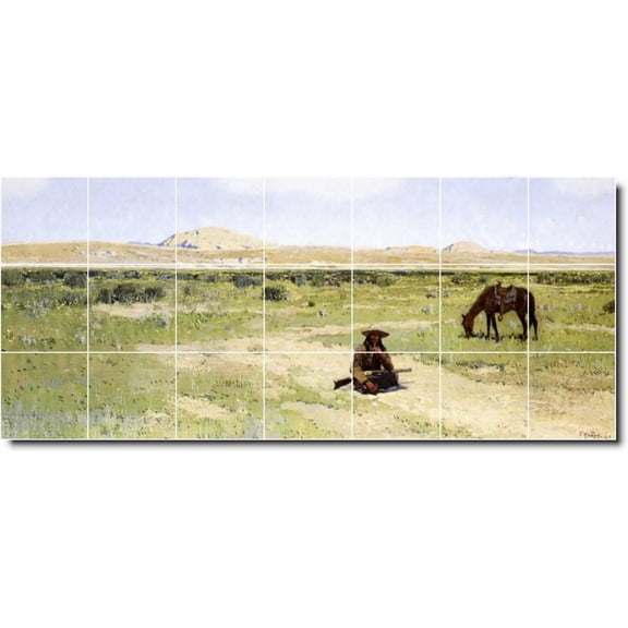 Ceramic Tile Mural-Henry Farny Western Bathroom Tile Mural 11. 29.75" w x 12.75" h using (21) 4.25 x 4.25 ceramic tiles
