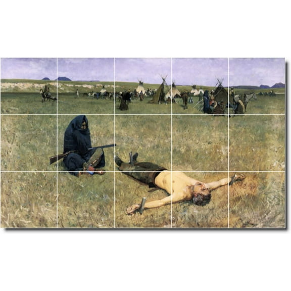 Ceramic Tile Mural-Henry Farny Western Bathroom Tile Mural 12. 21.25" w x 12.75" h using (15) 4.25 x 4.25 ceramic tiles