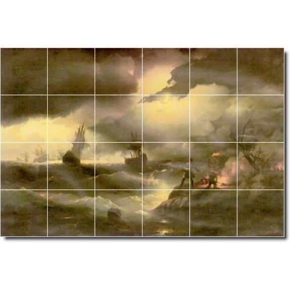 Ceramic Tile Mural-Ivan Aivazovsky Waterfront Painting 238. 36" w x 24" h using (24) 6 x 6 ceramic tiles
