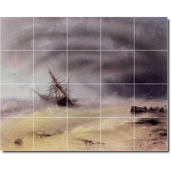 Ceramic Tile Mural-Ivan Aivazovsky Waterfront Painting 241. 40" w x 32" h using (20) 8 x 8 ceramic tiles