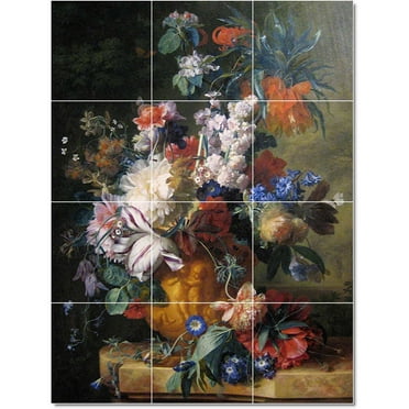 Ceramic Tile Mural-Jan van Huysum Flowers Painting 161. 12.75" w x 17" h using (12) 4.25 x 4.25 ceramic tiles