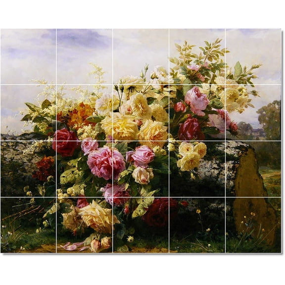 Ceramic Tile Mural-Jean Baptiste Robie Flowers Tile Mural House Construction Design Idea. 24" w x 30" h using (20) 6 x 6 ceramic tiles