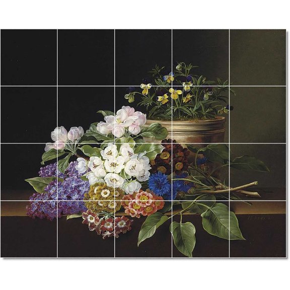 Ceramic Tile Mural-Johann Laurents Jensen Flowers Tile Mural Residential Art. 60" w x 48" h using (20) 12 x 12 ceramic tiles