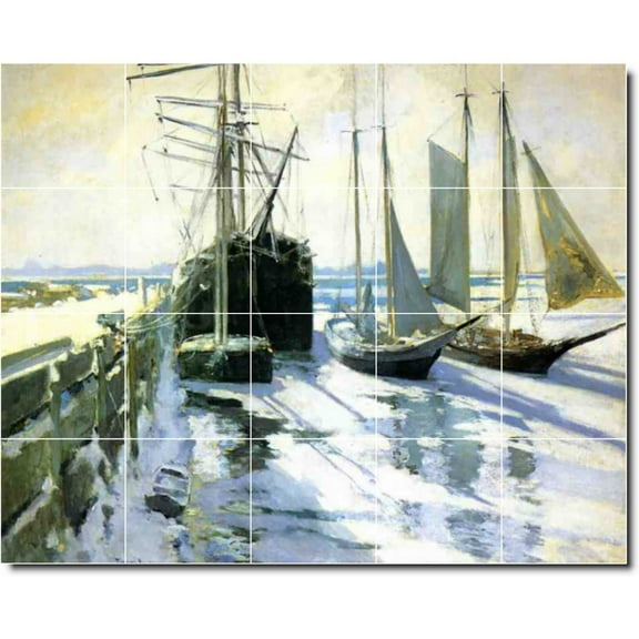 Ceramic Tile Mural-John Twachtman Ships Shower Tile Mural 20. 21.25" w x 17" h using (20) 4.25 x 4.25 ceramic tiles