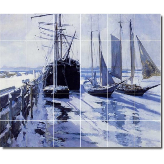 Ceramic Tile Mural-John Twachtman Waterfront Painting 296. 48" w x 40" h using (30) 8 x 8 ceramic tiles