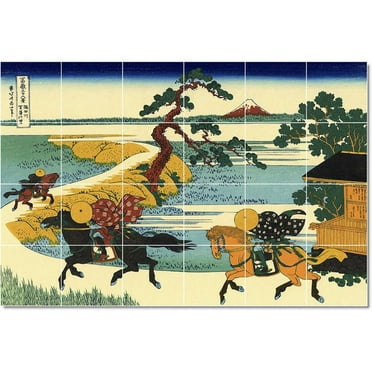 Ceramic Tile Mural-Katsushika Hokusai Ukiyo-E Tile Mural Floor Design. 25.5" w x 17" h using (24) 4.25 x 4.25 ceramic tiles
