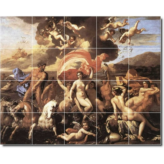 Ceramic Tile Mural-Nicholas Poussin Mythology Kitchen Tile Mural 30. 21.25" w x 17" h using (20) 4.25 x 4.25 ceramic tiles