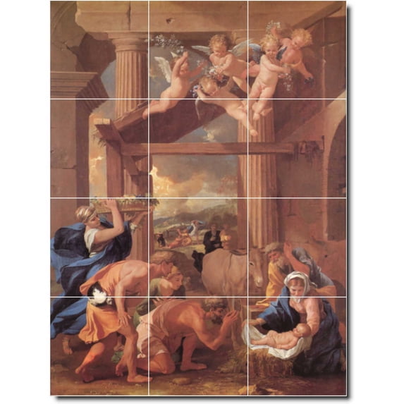 Ceramic Tile Mural-Nicholas Poussin Religious Floor Tile Mural 16. 24" w x 32" h using (12) 8 x 8 ceramic tiles