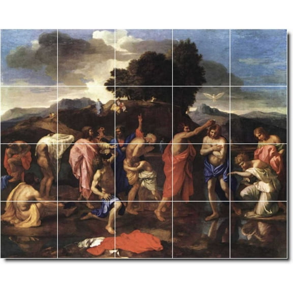 Ceramic Tile Mural-Nicholas Poussin Religious Kitchen Tile Mural 20. 21.25" w x 17" h using (20) 4.25 x 4.25 ceramic tiles