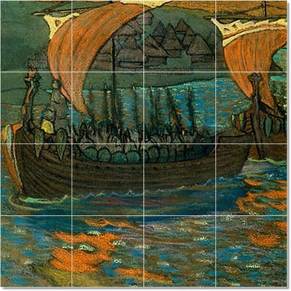 Ceramic Tile Mural-Nilolai Roerich Ships Tile Mural Home Remodel Ideas. 17" w x 17" h using (16) 4.25 x 4.25 ceramic tiles
