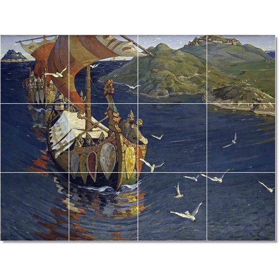 Ceramic Tile Mural-Nilolai Roerich Ships Tile Mural Traditional Home Construction 24" w x 18" h using (12) 6 x 6 ceramic tiles
