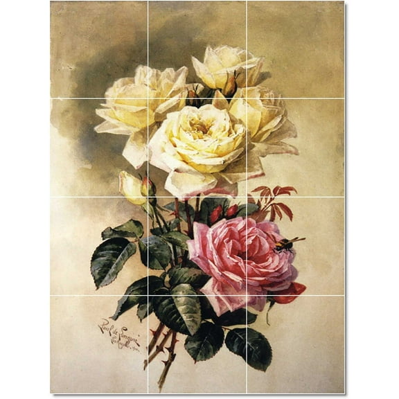 Ceramic Tile Mural-Paul De Longpre Flowers Painting 255. 24" w x 32" h using (12) 8 x 8 ceramic tiles