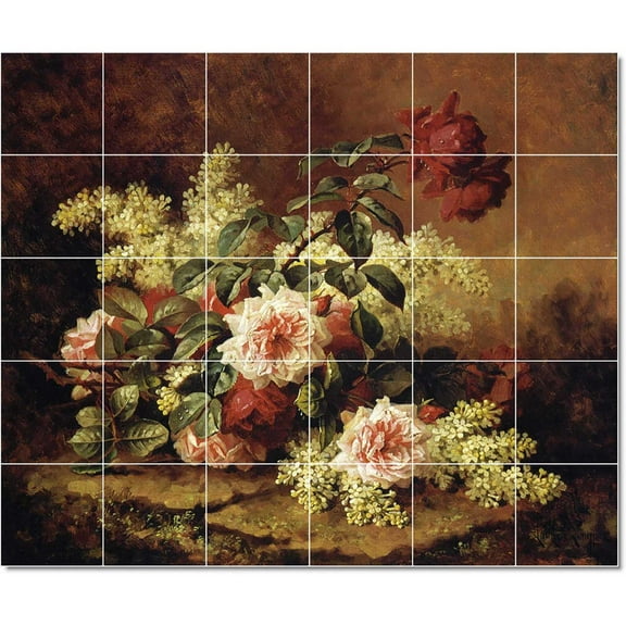 Ceramic Tile Mural-Paul De Longpre Flowers Tile Mural Traditional House Remodeling. 25.5" w x 21.25" h using (30) 4.25 x 4.25 ceramic tiles