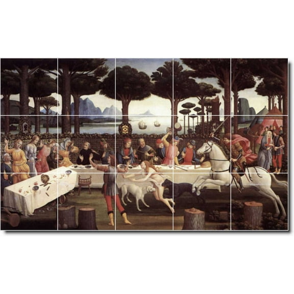 Ceramic Tile Mural-Sandro Botticelli Mythology Backsplash Tile Mural 3. 21.25" w x 12.75" h using (15) 4.25 x 4.25 ceramic tiles
