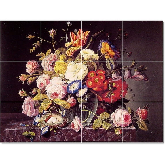 Ceramic Tile Mural-Severin Roesen Flowers Tile Mural Modern Floor Art 24" w x 18" h using (12) 6 x 6 ceramic tiles