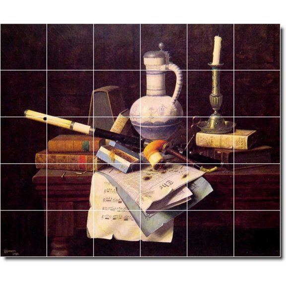 Ceramic Tile Mural-William Harnett Still Life Painting 40. 25.5" w x 21.25" h using (30) 4.25 x 4.25 ceramic tiles