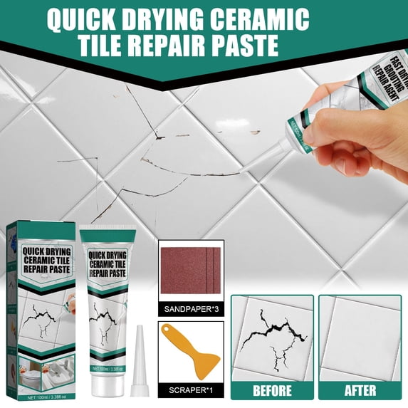 Ceramic Tile Repair Paste, 3.4 oz, Quick-Drying Adhesive for Bathtub, Tile & Furniture, Includes Tools, White, By Preplabs