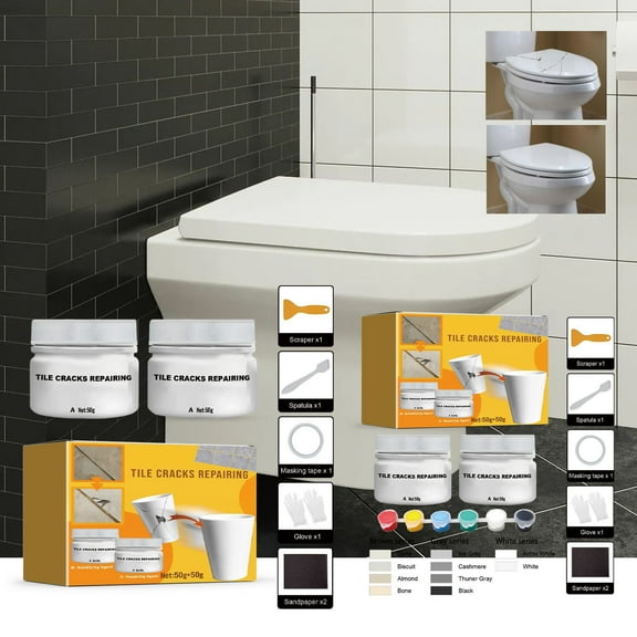 Ceramic Tile Repair Paste | Quick Dry Crack Filler for Bathroom Kitchen Floor Walls | Tile Maintenance Kit with Scraper, Gloves, Sandpaper, Tape, Pigments | 50g x 2 | Easy Application