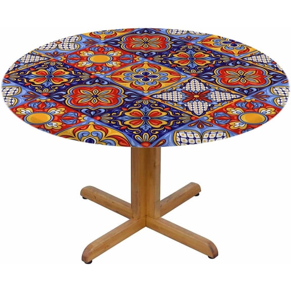 Ceramic Tile Round Tablecloth Mexican Talavera Ethnic Folk Waterproof Oil-Proof Table Cover Table Cloth For Indoor Dining, Outdoor Picnic Parties, Camping, Fits 40-44" Round Tables