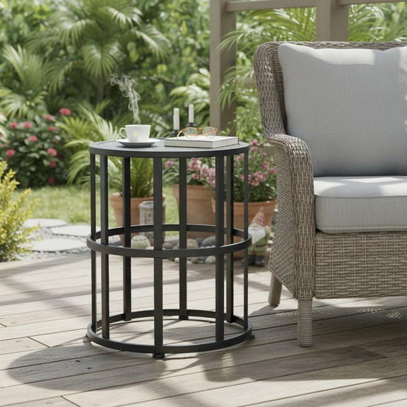 Ceramic Tile Side Table, Outdoor Table with Powder Coated Iron Frame for Patio Balcony Garden, Grey