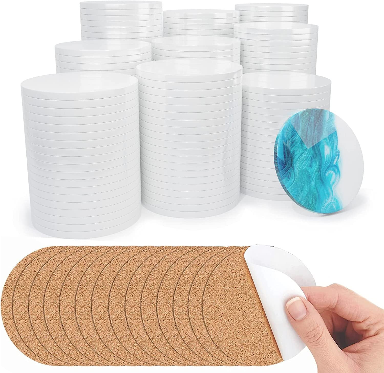 Ceramic Tiles for Craft Coasters - Pixiss 100 Pack Round 4-Inch Blank Coasters Glazed Ceramic Coasters & 100 Cork Backings Ceramic Tile Craft Coasters for Alcohol Inks, Painting, Acrylic Pouring, DIY