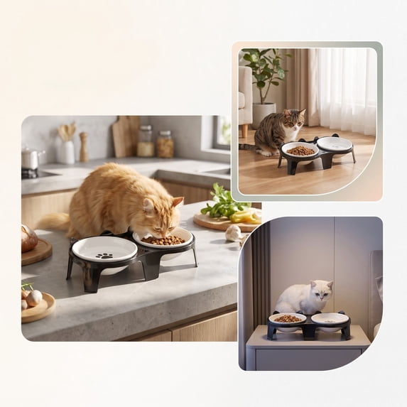 Ceramic Tilted Double Bowl Set Cat Food Water Bowl Raised Neck Support Removable for Cats Flat Faced Dogs Indoor Feeding Dish Pet