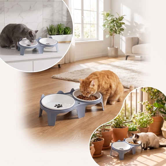Ceramic Tilted Double Bowl Set Cat Food Water Bowl Raised Neck Support Removable for Cats Flat Faced Dogs Indoor Feeding Dish Pet