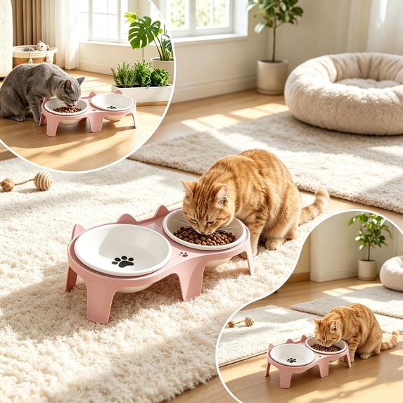 Ceramic Tilted Double Bowl Set Cat Food Water Bowl Raised Neck Support Removable for Cats Flat Faced Dogs Indoor Feeding Dish Pet