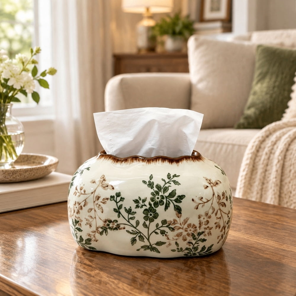 Tissue 4box Ceramic Tissue Box Cover, Floral Vine Pattern Tissue Holder Dispenser ...