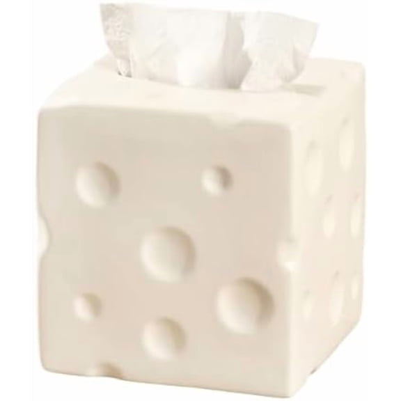 Ceramic Tissue Box Cover, Large Square Cheese-Shape Tissue Box Holder with Bottom, Decorative Tissue Box for Bedroom, Bathroom, Parlors, Office, Vanity, Kitchen Countertop, Desk, Beige