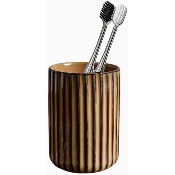 Ceramic Toothbrush Holder for Bathroom, Ceramic Toothbrush Cup, Toothpaste Organizer for Bathroom Countertop, Bathroom Storage Organizer, Kiln Transformation Cup (Brown)