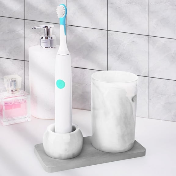 Ceramic Toothbrush Holder & Cup with Diatomite Tray for Bathroom, Bathroom Tumbler Cups Reusable Mouthwash Cup, Shower Counter Storage Organizer (Grey)