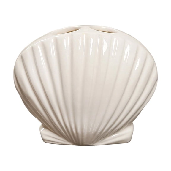 Ceramic Toothbrush Holder, White Seashell Design with 2-Slot, Modern Toothbrush Organizer for Family Bathroom Sink and Countertop