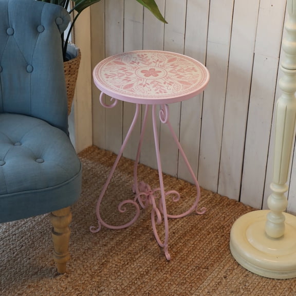 Ceramic Top Outdoor/Indoor Side Table,Vintage Metal Plant Stand for Indoor & Outdoor Use, Round Accent Table for Porch,Patio, Balcony, Living Room