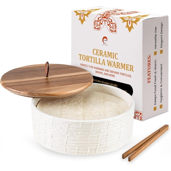 Ceramic Tortilla Warmer with Airtight Wooden Lid – 8.8 Inch Tortilla ...