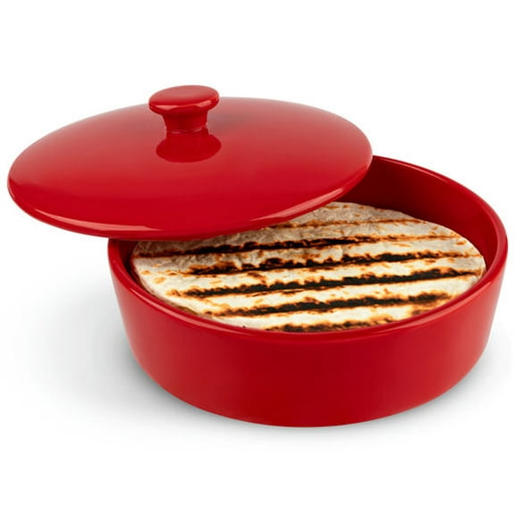 Ceramic Tortilla Warmer with Lid, Red, 8.5 Inch