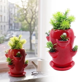 Ceramic Tower Planter With Drip Tray Tiered Stacked Mini Flower Pot Vertical Garden Container For Balcony Windowsill(Red-18.5Cm)