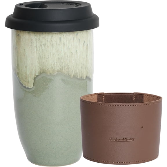 Ceramic Travel Coffee Cup with Lid, 16 Oz, Portable Coffee Mug for Cup Holder, Microwave and Dishwasher Safe, Reactive (Pale Green, 16 Oz)