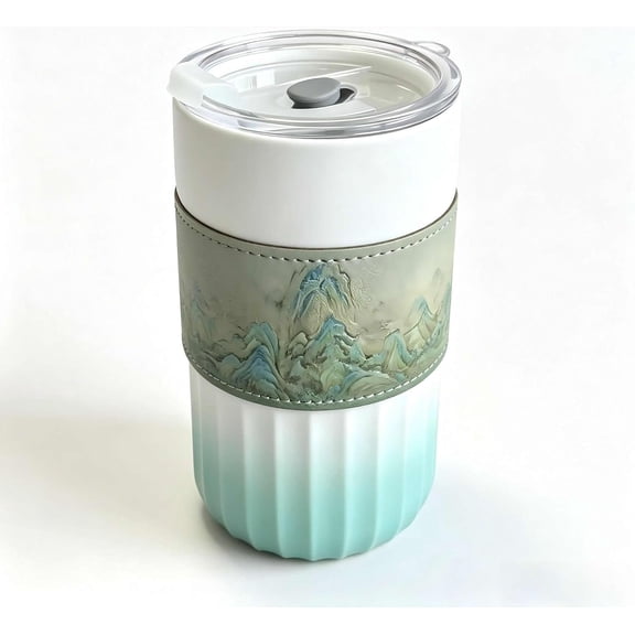 Ceramic Travel Coffee Mug with Lid and Removable Comfort Sleeve, 14.2 oz Coffee Cup with Sip and Straw Openings, Sealed Lid, Microwave and Dishwasher Safe Ceramic , Mint Green