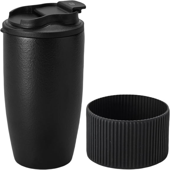 Ceramic Travel Coffee Mug with Polypropylene Lid and Insulated Sleeve, 16 oz, Portable Coffee Cup for Car Cup Holder, Black Matt Finish Mug, Microwave and Dishwasher Safe(Black)