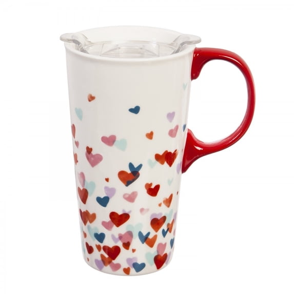 Cypress Home Ceramic Travel Cup w/box and Triton Lid, 17 OZ., Valentine Hearts