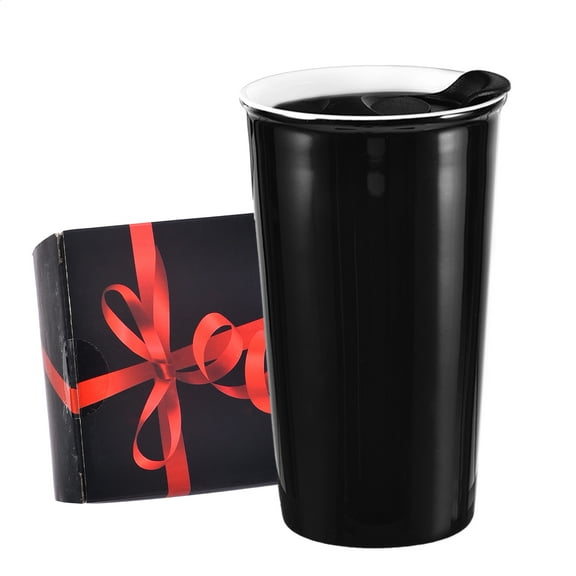 Ceramic Travel Mug, 12oz Unique To Go Coffee Mugs with Splash Resistant Lid and Color Box, Reusable Double Wall Black Mug Porcelain Coffee Cup, Gifts for Women Men Her Him, Black