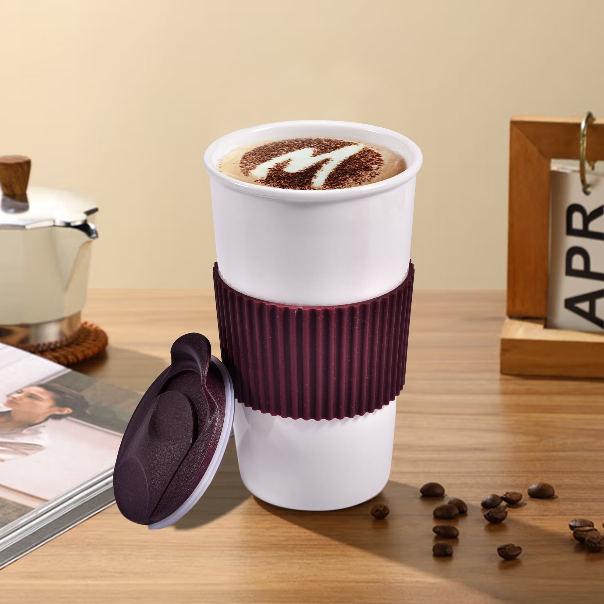Ceramic Travel Mug, Double Wall Insulated Takeaway 12 oz Coffee Cup for Hot  & Cold Beverages, Reusable White Coffee Mug, Splash Resistant Lid &  Protective Silicone Sleeve, for Car Cup-Holder, Brown -