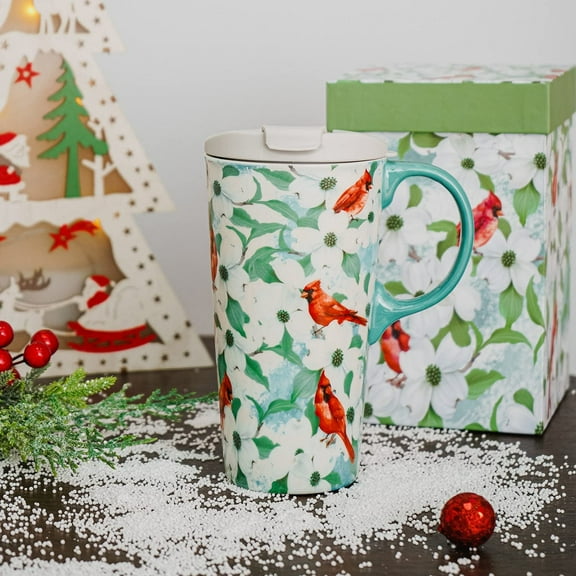 Ceramic Travel Mug with Color Gift Box,Coffee Cup 17 Oz.Christmas Gift,Red Bird