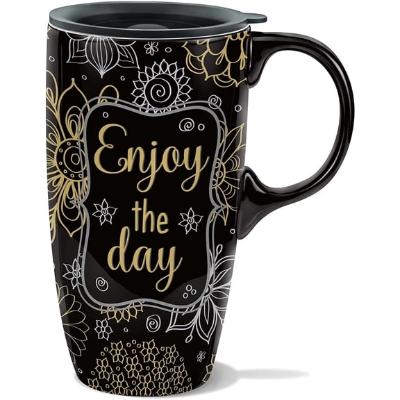 Ceramic Travel Mug with Color Gift Box,Coffee Cup 17 Oz.Enjoy the day