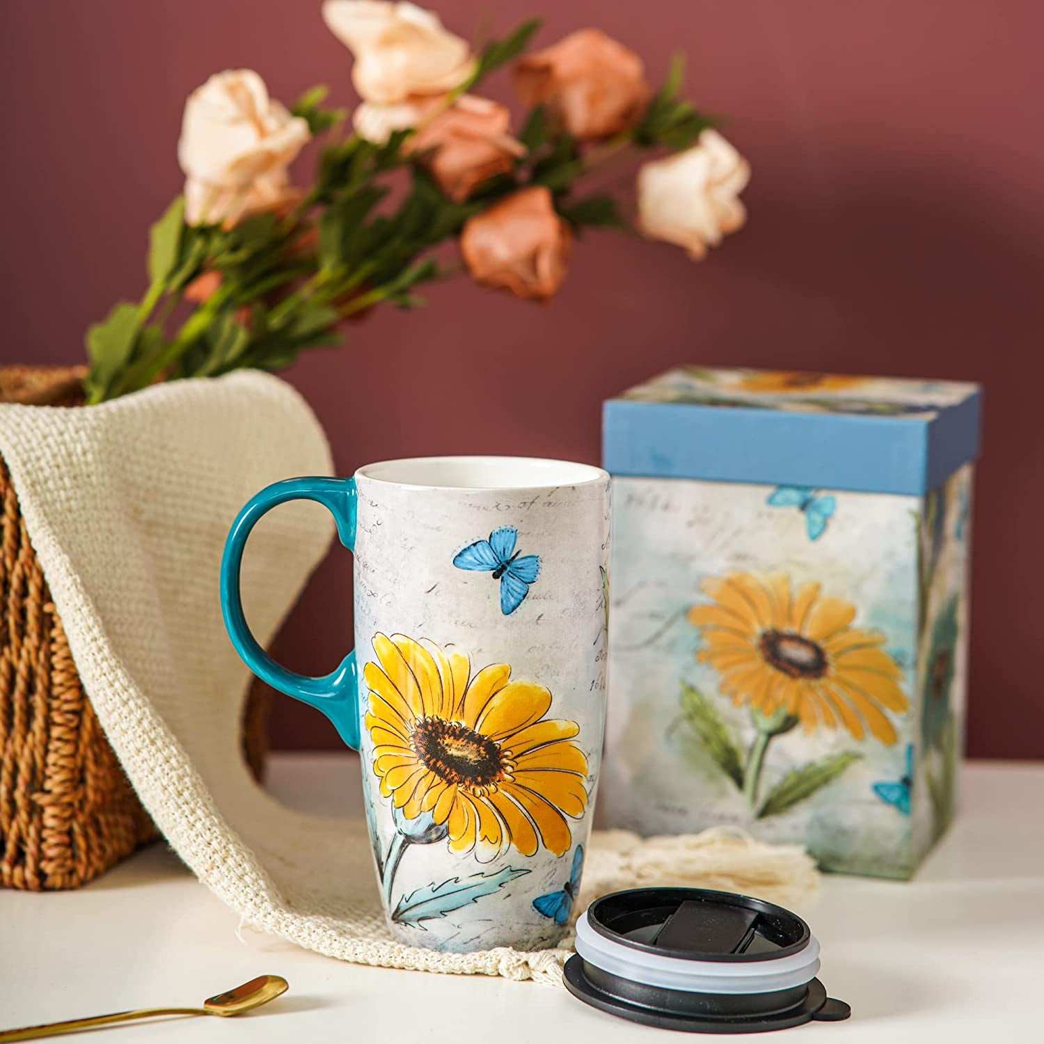 Ceramic Travel Mug 17 Oz, Spill-proof, Microwave Safe, Ideal Gift