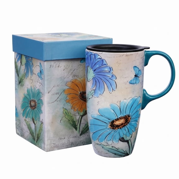 Topadorn Vintage Blue Daisy Ceramic Travel Mug, 17oz, Watercolor Flower & Butterfly Print, Spill-Resistant Lid, Microwave/Dishwasher Safe, Gift Boxed